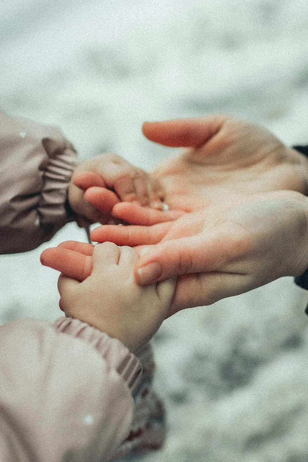 Manos de una familia unidas en un gesto de cuidado